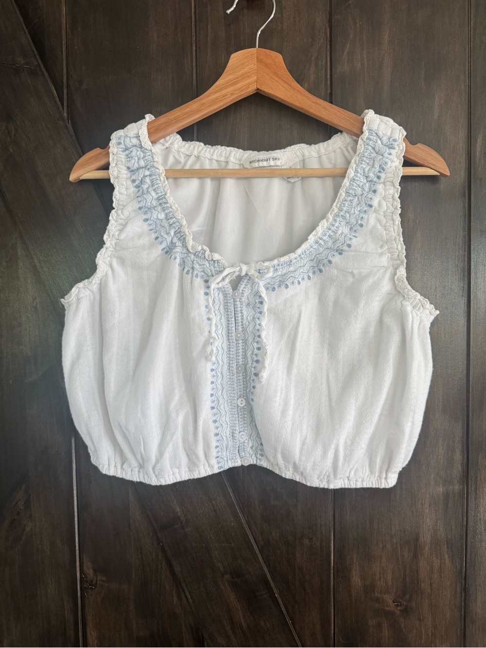 Cottagecore Milkmaid White Eyelet Crop Cami Top Blue Embroidery Y2K